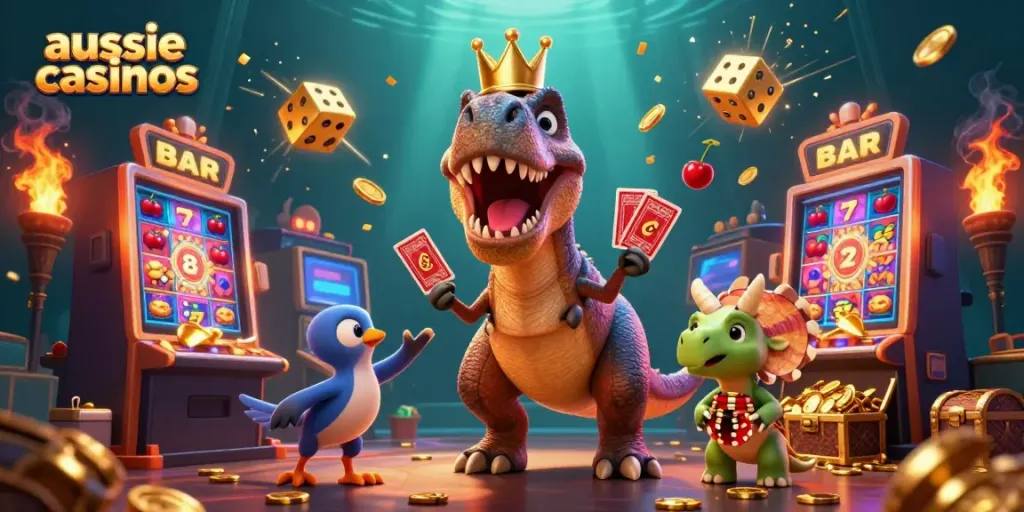 Aussie casinos showcase a fun scene with cartoon dinosaurs playing cards, slot machines erupting with coins, and vibrant casino elements.