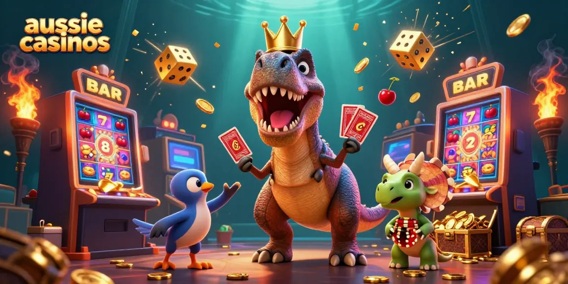 Aussie casinos showcase a fun scene with cartoon dinosaurs playing cards, slot machines erupting with coins, and vibrant casino elements.