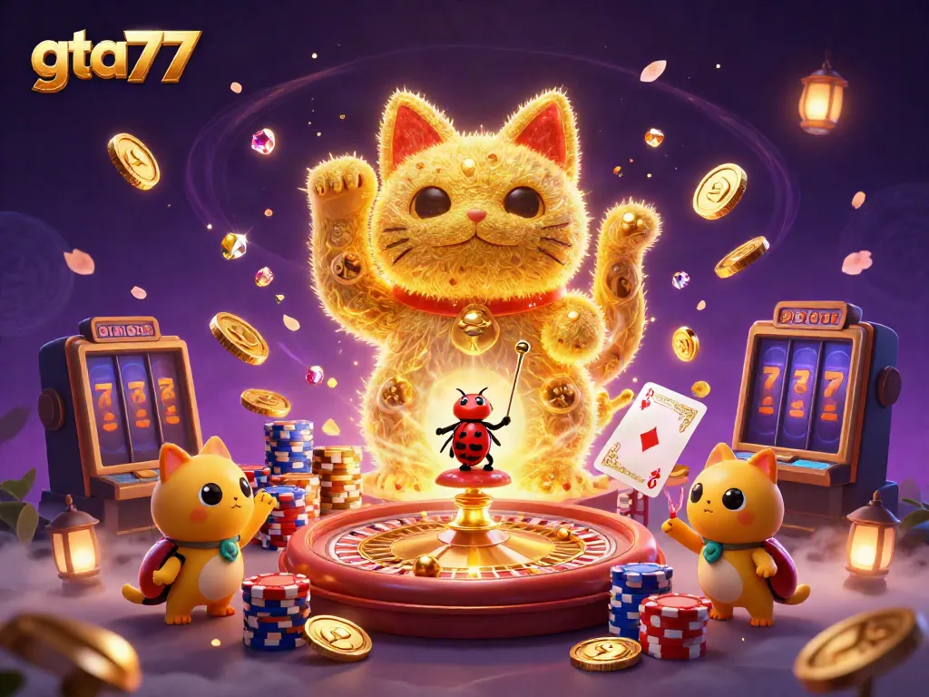 GTA77 menampilkan ilustrasi kasino yang interaktif dengan simbol keberuntungan dan elemen kasino yang menarik.