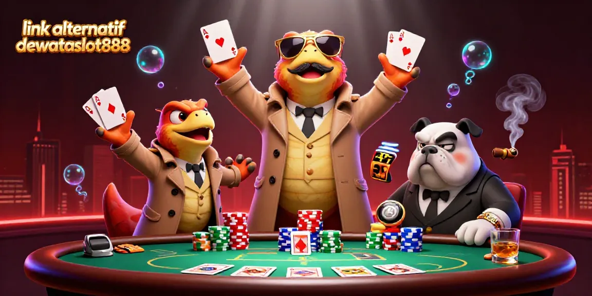 Mengakses link alternatif dewataslot888 dengan tiga raptor dalam jas yang menyamar memasuki kasino VIP dengan suasana meriah.