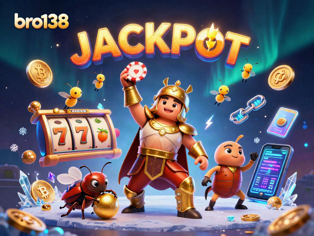 Join the excitement at bro138 with a victorious beetle lifting a poker chip, surrounded by vibrant casino elements.