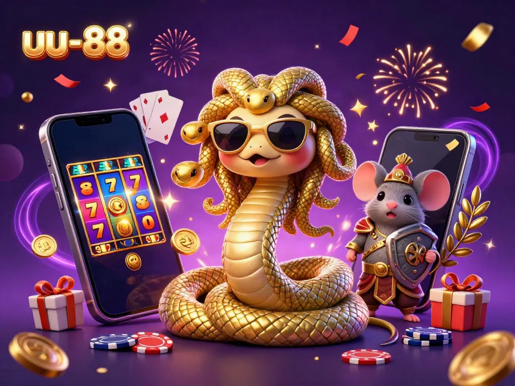 Engage with the exciting uu-88 online casino, where a friendly Medusa and warrior mouse celebrate slots and winnings.