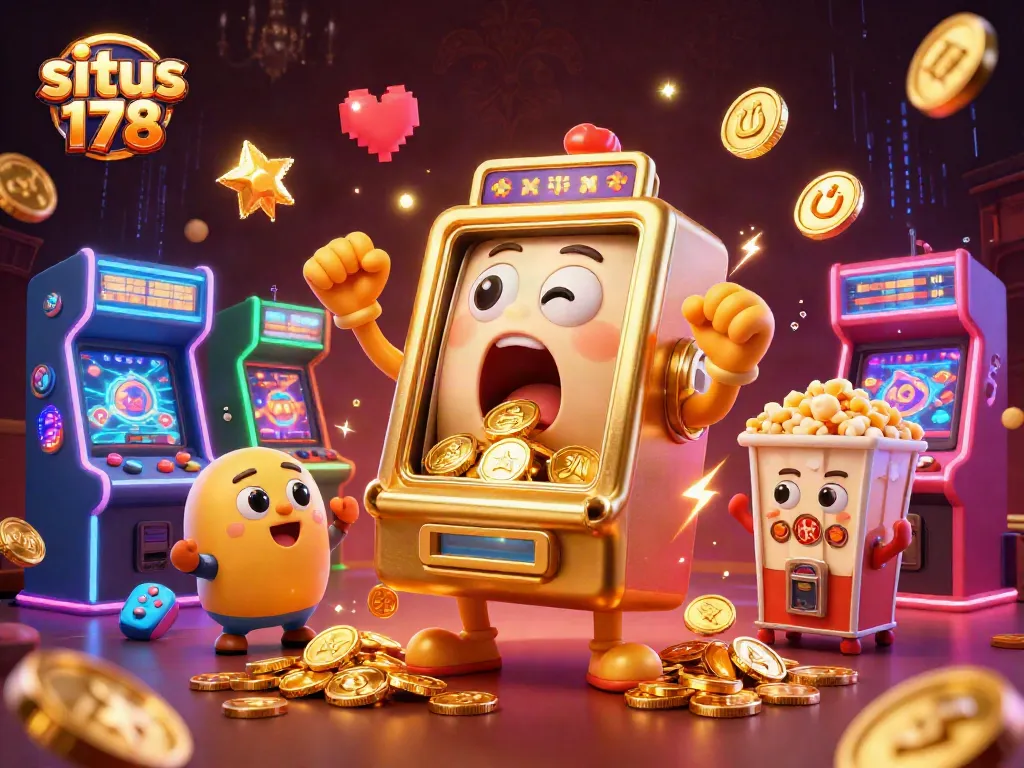 Situs 178 menghadirkan slot machine emas lucu yang mencetak jackpot dengan koin berjatuhan.