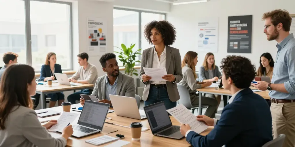 Connecting job seekers at a professional networking event while หางาน opportunities abound.