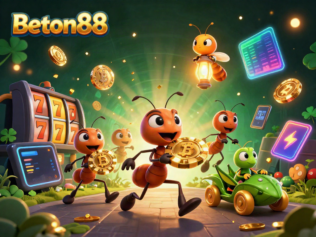 Ant tim Beton88 beraksi dengan chip poker emas, dikelilingi elemen kasino digital yang menarik.