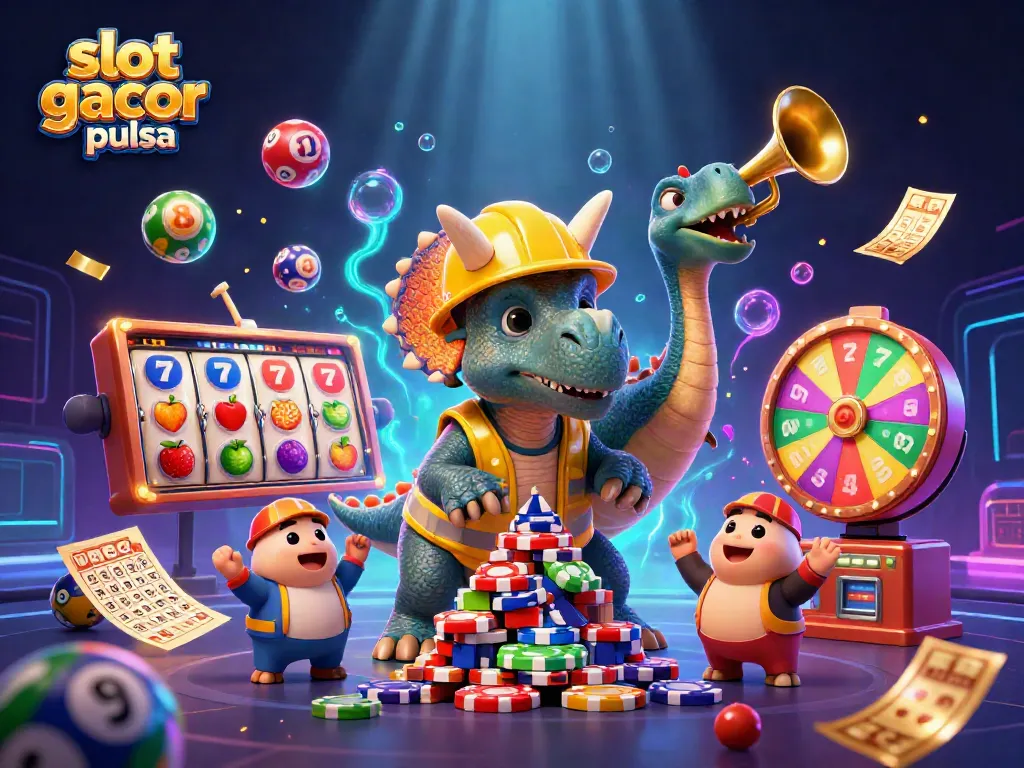 Engage with slot gacor pulsa as a triceratops celebrates a jackpot with lively gaming elements.