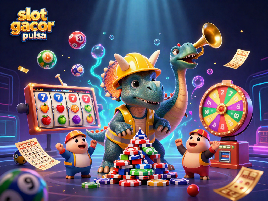 Engage with slot gacor pulsa as a triceratops celebrates a jackpot with lively gaming elements.