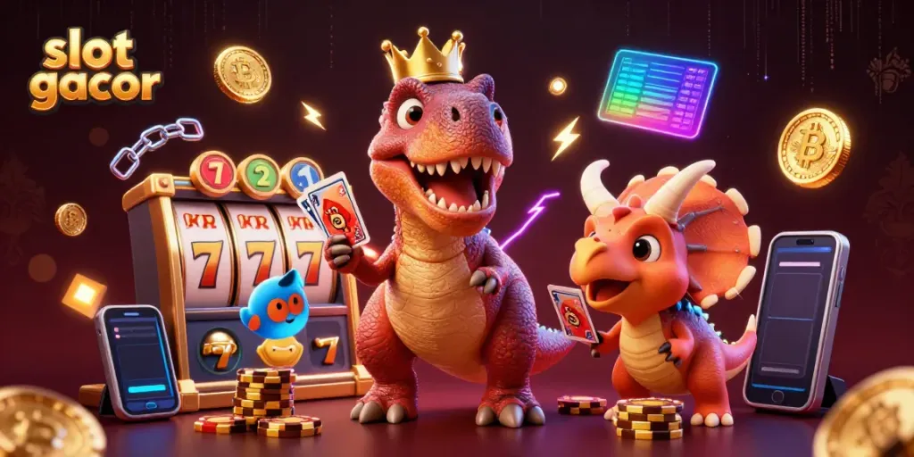 Menangkan slot gacor dengan T-Rex lucu, pterodactyl, dan triceratops menyusun chip emas.