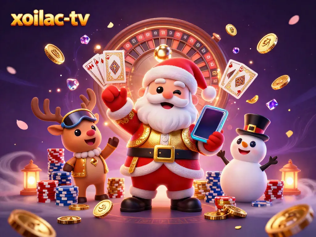 Experience the excitement of xoilac-tv with Santa and friends celebrating gambling jackpots.