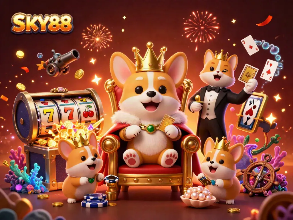 SKY88 players enjoy a royal gaming experience with slot reels and golden treasures in a vibrant casino scene.