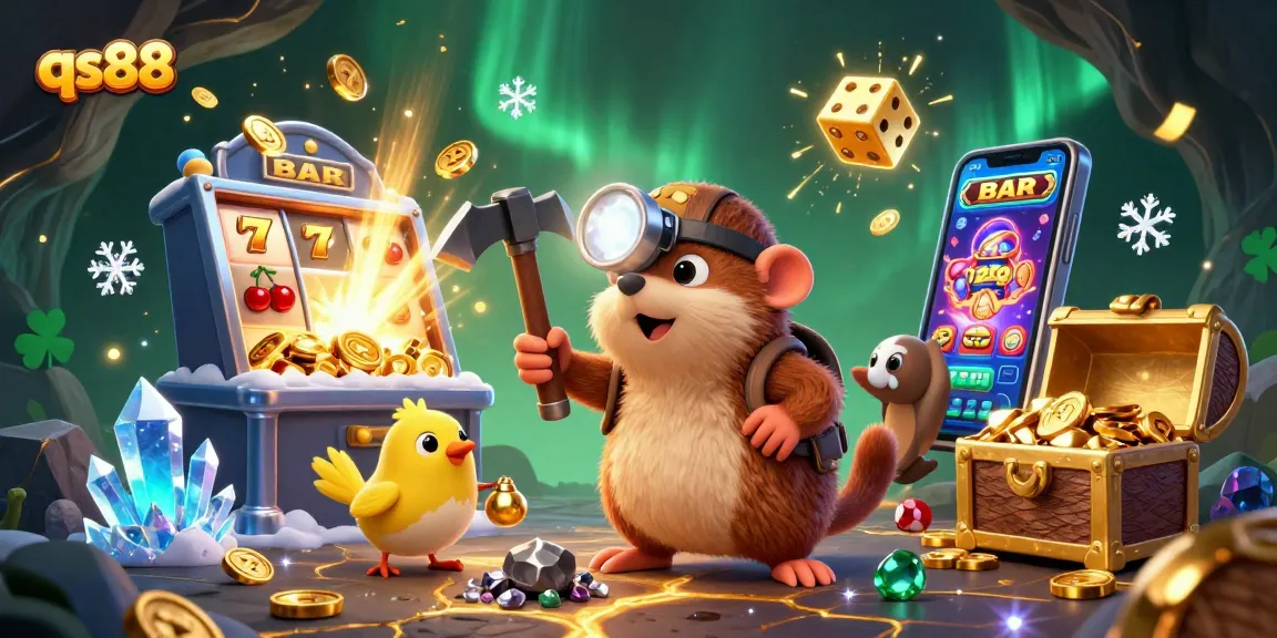 Experience the excitement of qs88 with a treasure hunter and casino elements in a vibrant 3D illustration.
