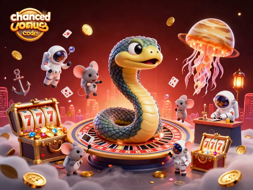 Engage with the chanced casino bonus code amidst a vibrant scene of casino excitement, featuring cartoon characters and treasures.