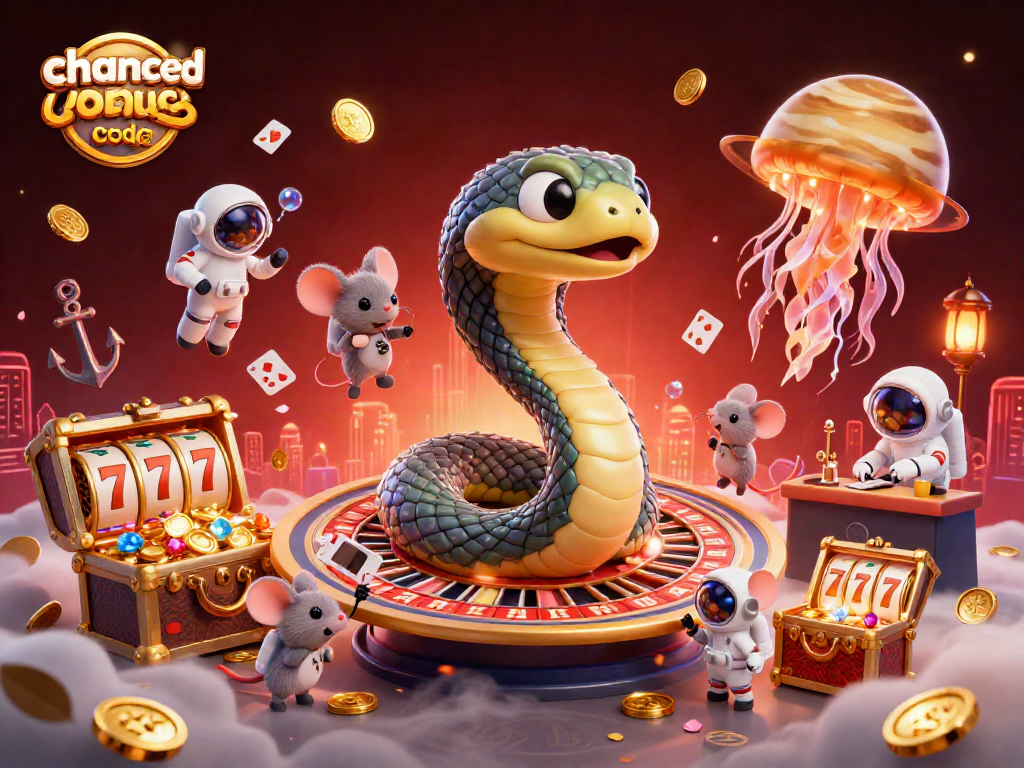 Engage with the chanced casino bonus code amidst a vibrant scene of casino excitement, featuring cartoon characters and treasures.