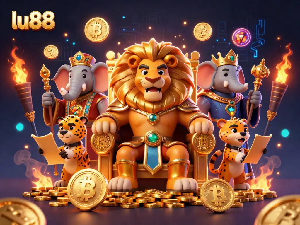 Play and win big with LU88 featuring a lion king, elephant advisor, and cheetah messenger in a vibrant casino setting.