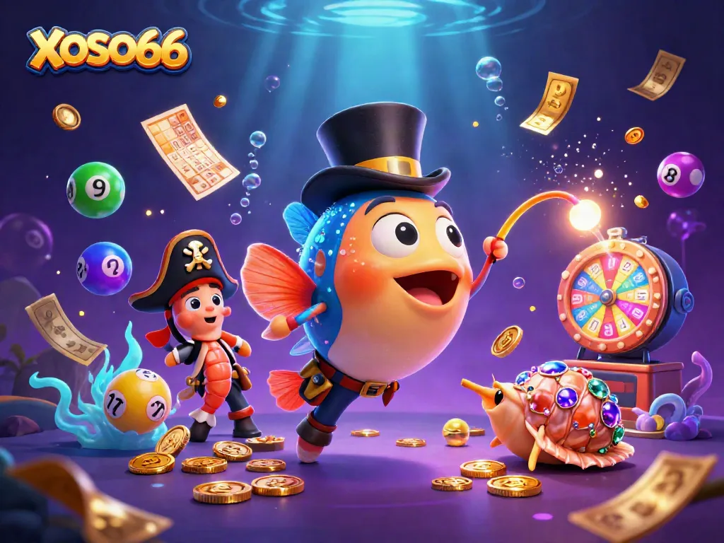 XOSO66 attracts players with golden coins amidst vibrant gambling elements in a thrilling underwater scene.