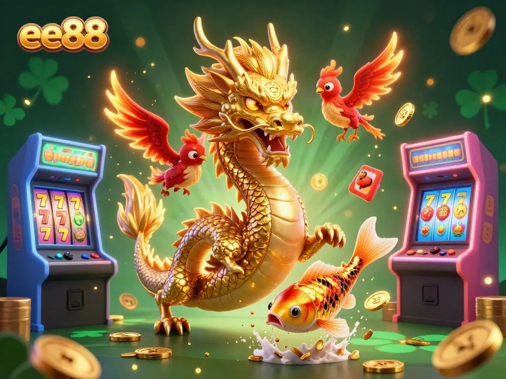 Engage in thrilling casino action with ee88, featuring a dragon and phoenix amidst vibrant game elements.