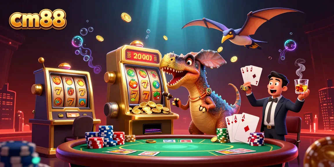 Catch the jackpot at cm88 as a pachycephalosaurus celebrates winning coins from a slot machine.