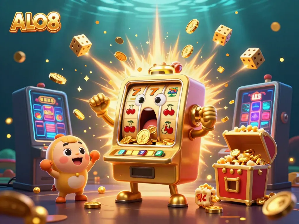 Engage with ALO8's thrilling jackpot scene featuring a golden slot machine rejoicing in a cascade of coins.