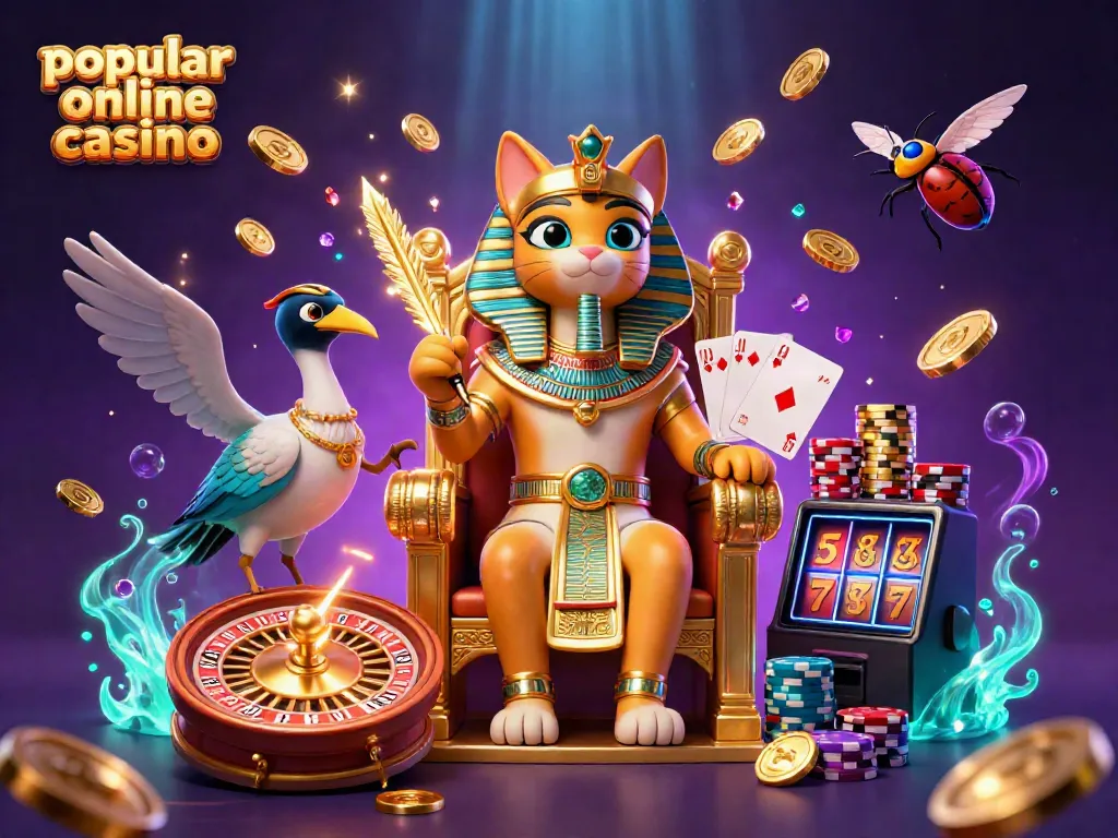 Exciting scene depicting a popular online casino with a cartoon Egyptian pharaoh cat, sparkling gems, and dynamic gaming elements.