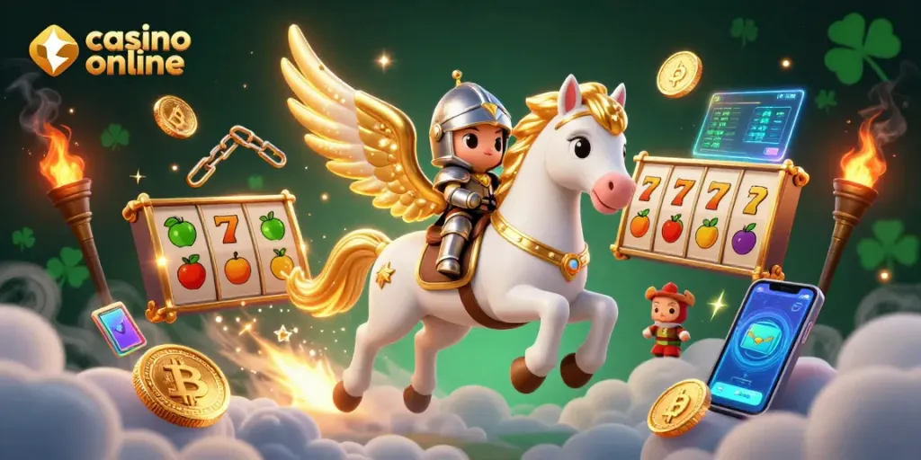 Bermain casino online dengan elemen slot dan koin digital di latar belakang yang menarik.