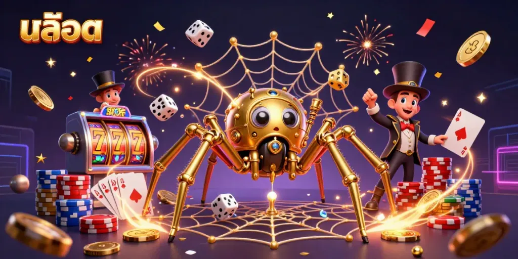 Engage in thrilling สล็อต adventures with a whimsical steampunk spider and animated casino elements.