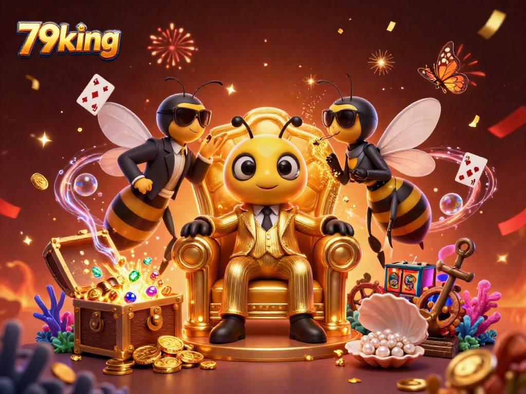 Join the 79king casino adventure with a vibrant illustration of a bumblebee mob boss and treasure elements