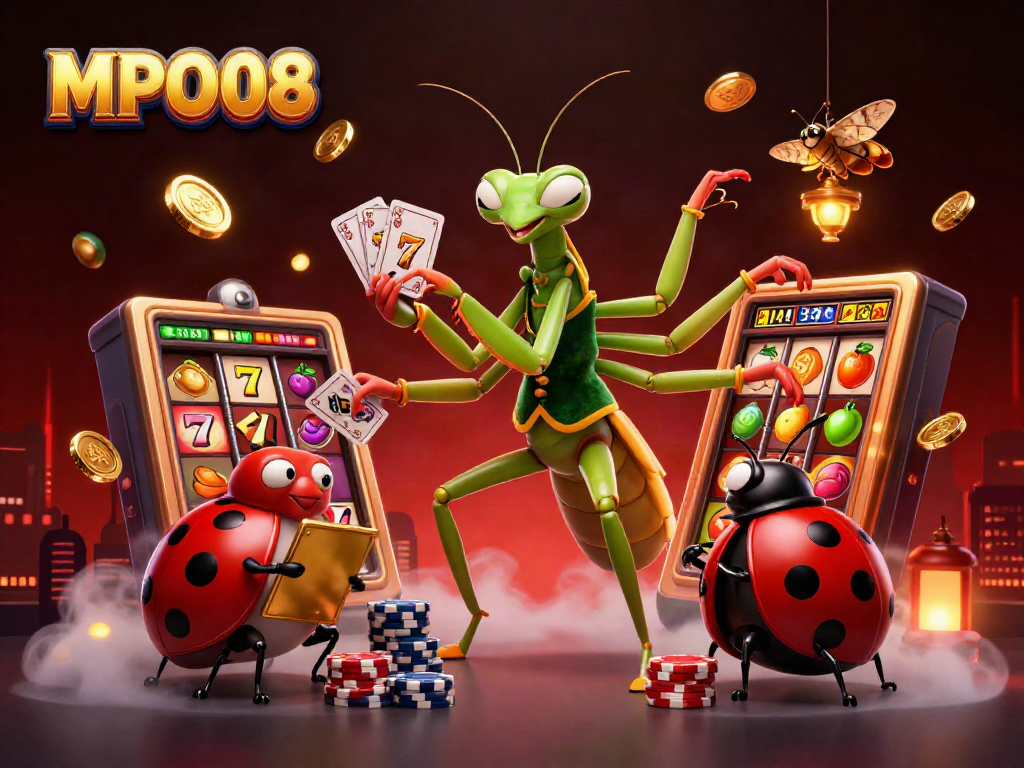 Experience the excitement of MPO08 with a dynamic 3D gaming scene featuring vibrant casino elements.