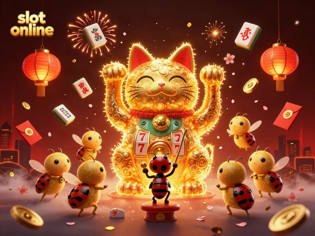 Engage with slot online gameplay in a vibrant 3D scene featuring a lucky cat, casino symbols, and festive elements.