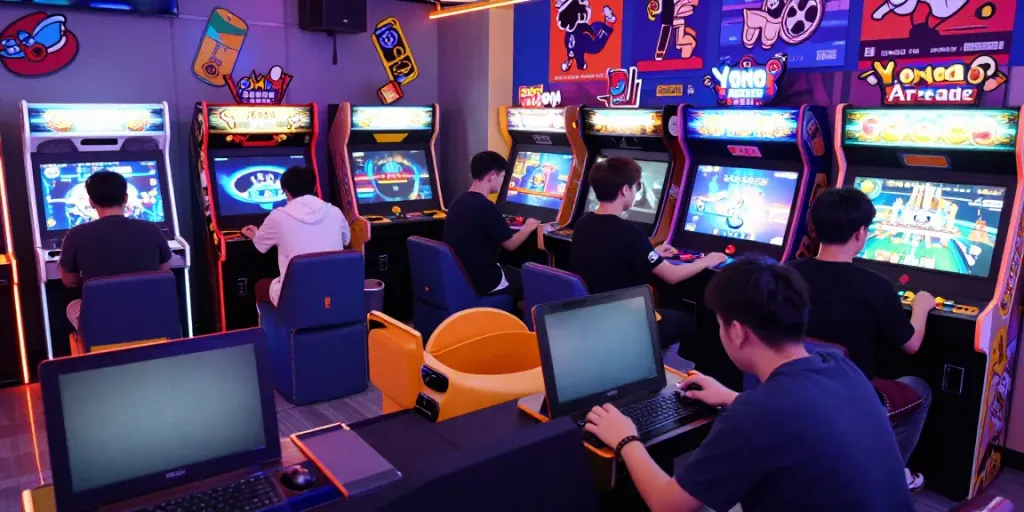 Players enjoying diverse games on Yono Arcade in a vibrant gaming lounge.