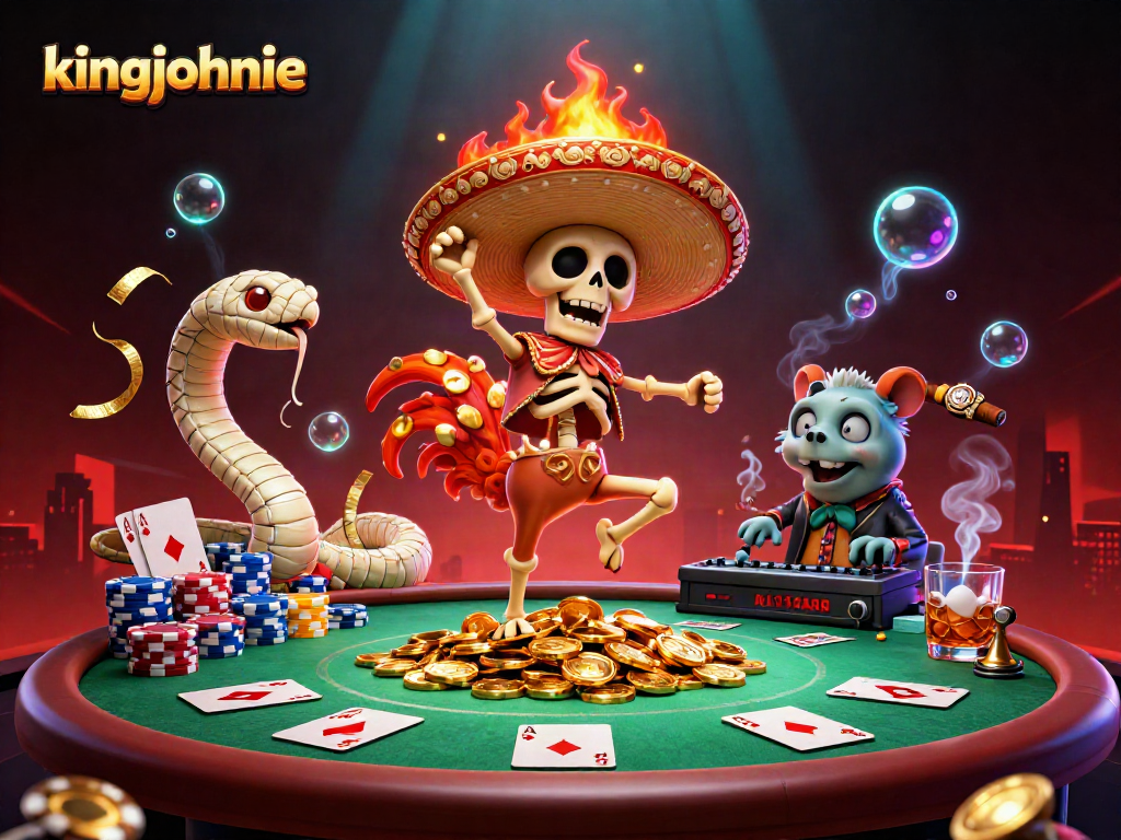 Experience excitement at kingjohnnie Casino with a vibrant 3D illustration of a dancing skeleton and engaging game elements.