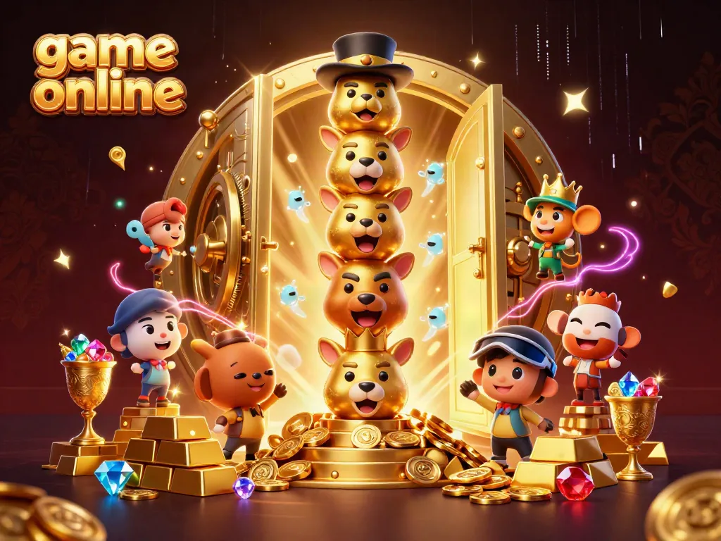 Experience thrilling game online action with a vibrant casino-themed 3D illustration featuring a golden totem pole and treasure elements.