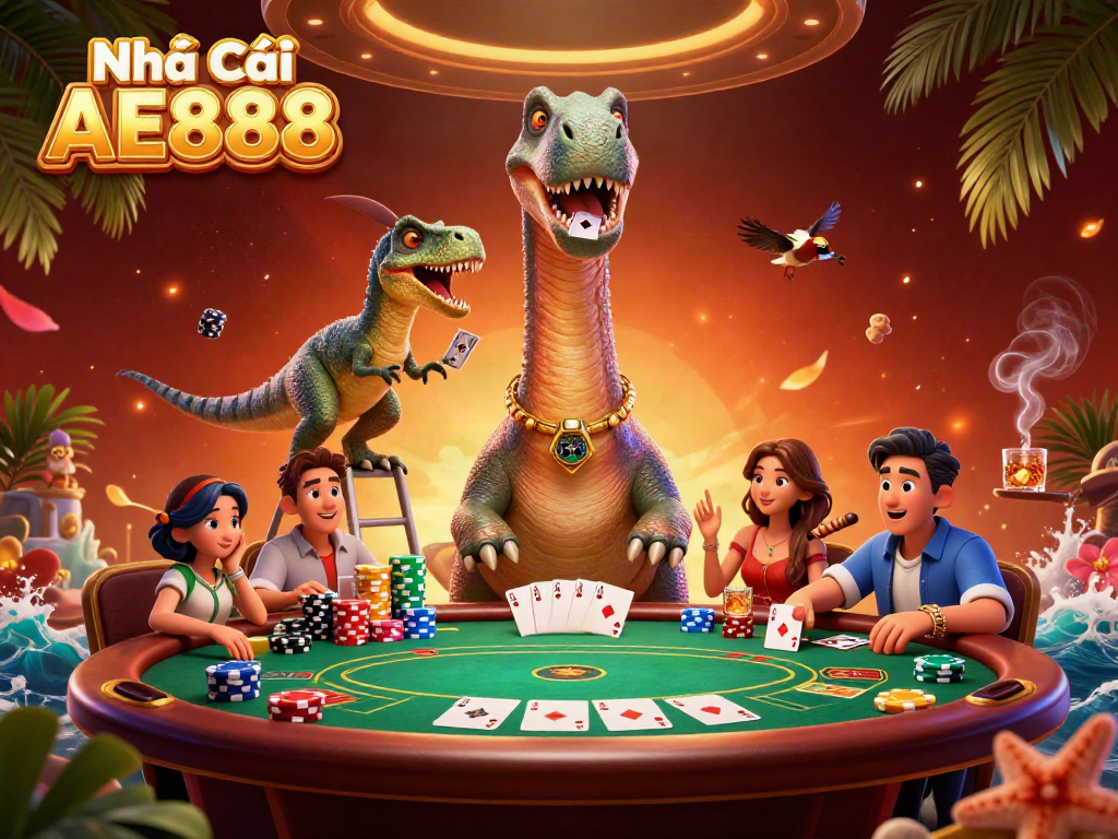 Engage with vibrant luxury at Nhà Cái AE888, where a brontosaurus oversees a lively poker game.