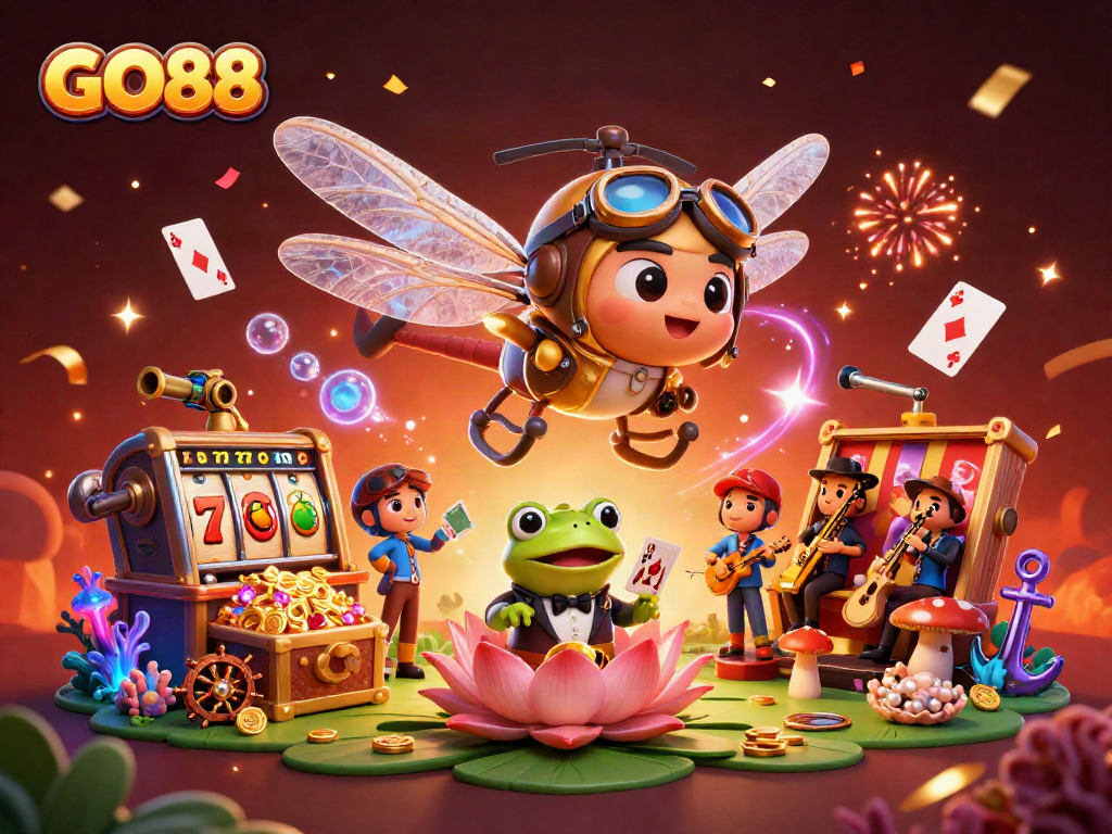 Engage in thrilling casino gaming with GO88 featuring joyful characters under festive fireworks.
