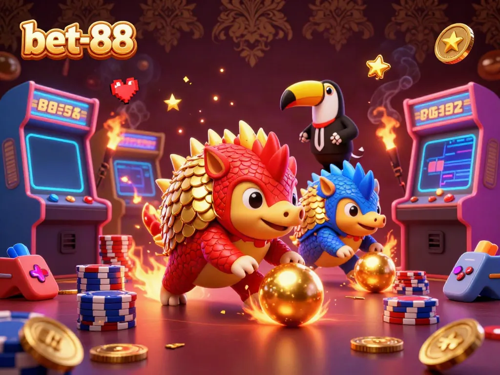 Engaging bet-88 gaming scene with rival pangolins rolling golden balls and a toucan referee amid vibrant casino-themed elements.