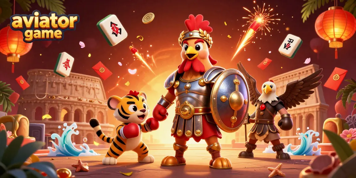 Aviator game illustration featuring a gladiator rooster and sparring tiger cub in an epic casino-themed colosseum