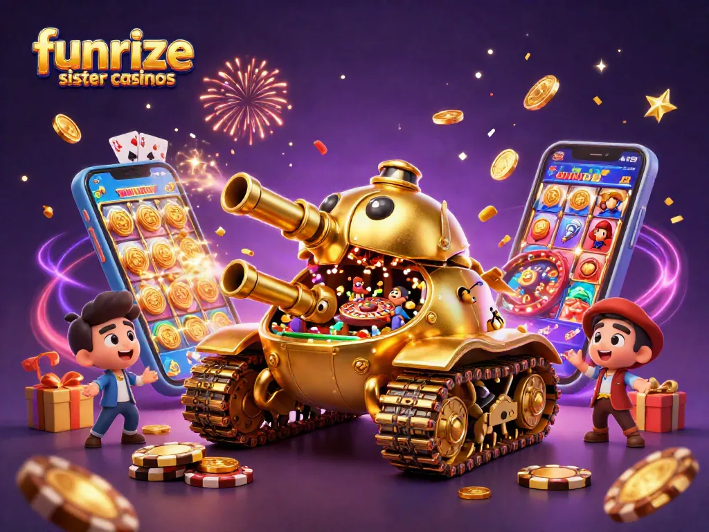 Experience the excitement at funrize sister casinos with a vibrant 3D casino-themed illustration.