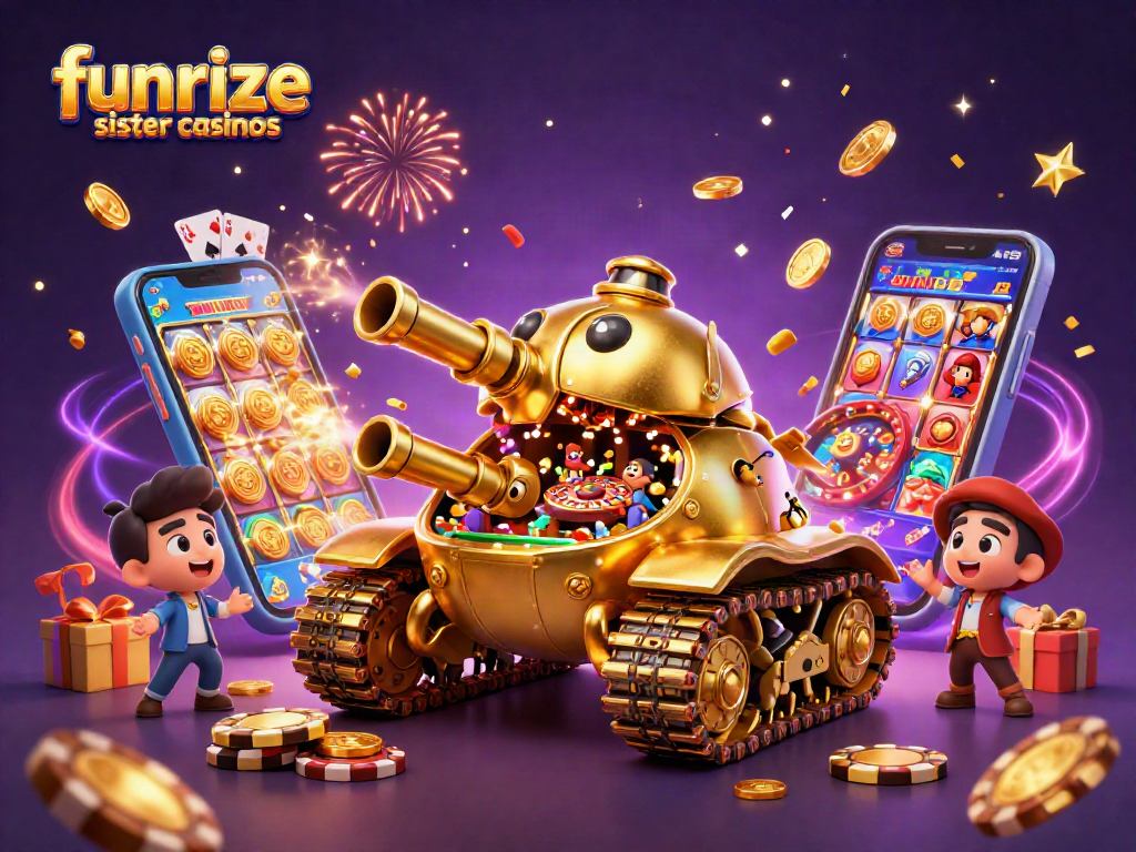 Experience the excitement at funrize sister casinos with a vibrant 3D casino-themed illustration.