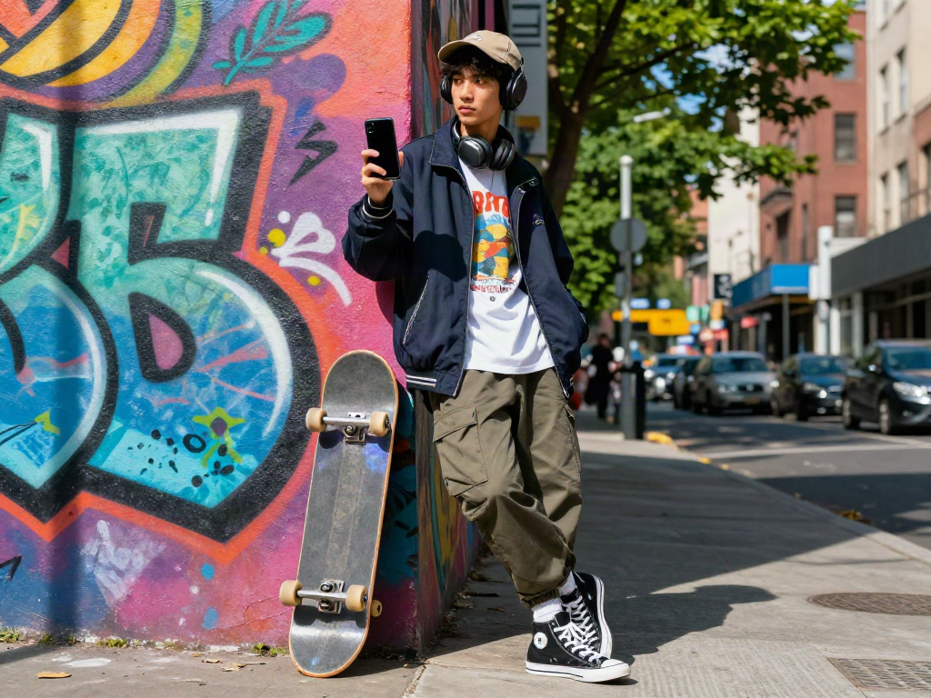 Young individual in streetwear showcasing peh888 lifestyle in urban setting, vibrant mural backdrop.