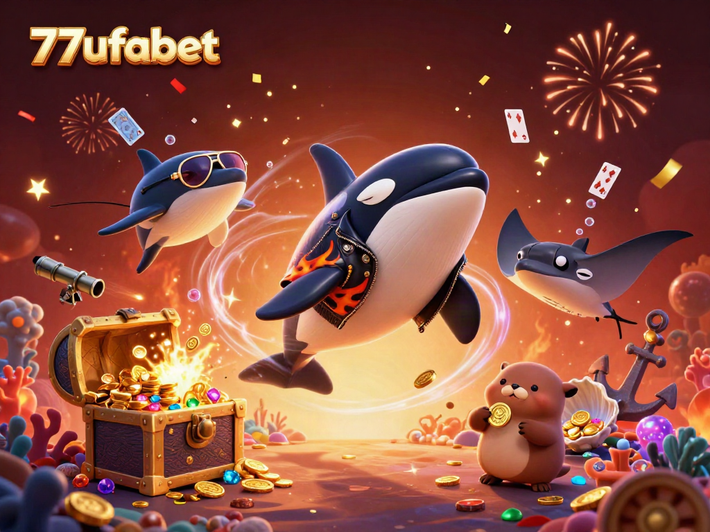 Experience excitement with vibrant 3D characters celebrating 77ufabet casino adventures in a rich ocean-themed scene.
