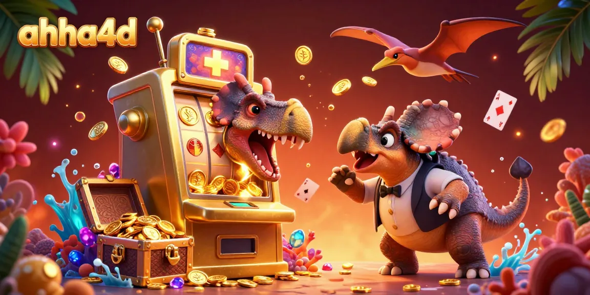 Experience the excitement of ahha4d with a vibrant scene of dinosaur characters interacting with casino elements, amidst a treasure explosion.