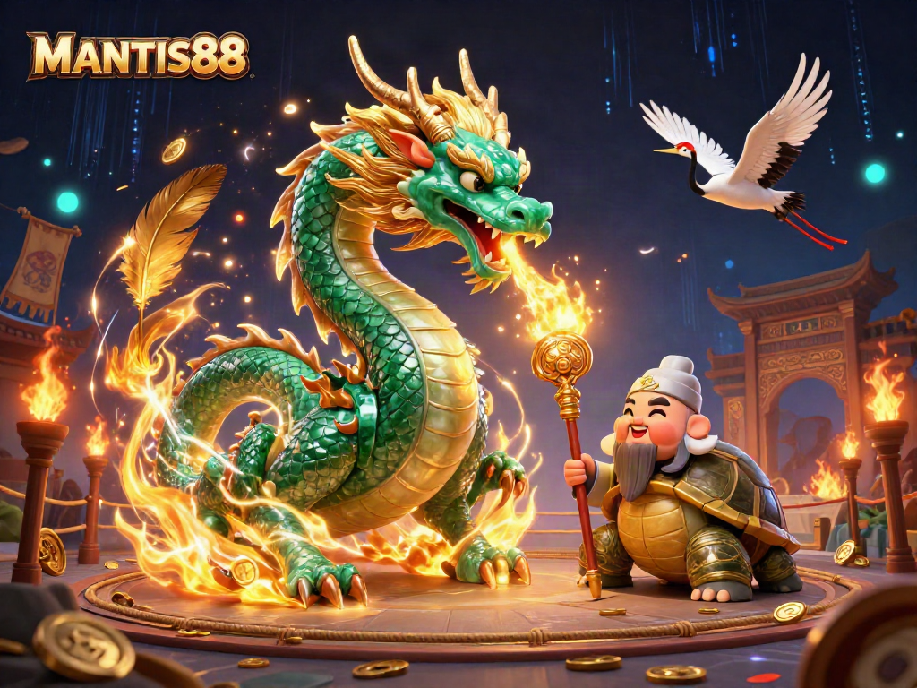 MANTIS88 features a vibrant illustration of a jade dragon and lucky cranes in a dynamic casino setting.