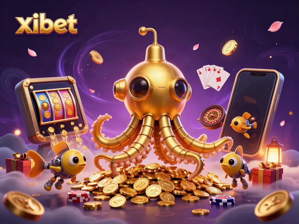 Xibet offers exciting gaming with a vibrant 3D illustration featuring a golden kraken and dynamic casino elements.