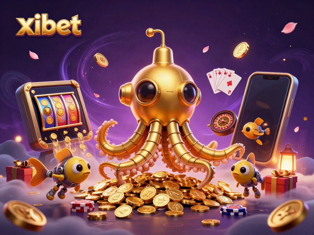 Xibet offers exciting gaming with a vibrant 3D illustration featuring a golden kraken and dynamic casino elements.