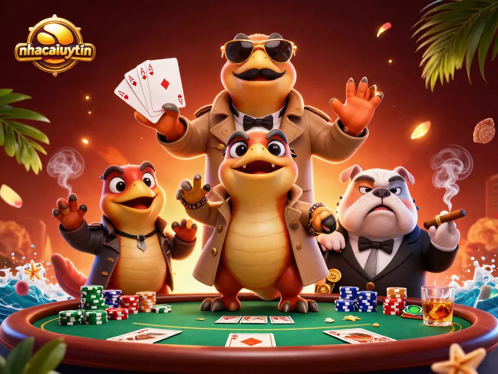 Engaging nhacaiuytin scene with cartoon raptors and casino elements showcasing poker excitement.