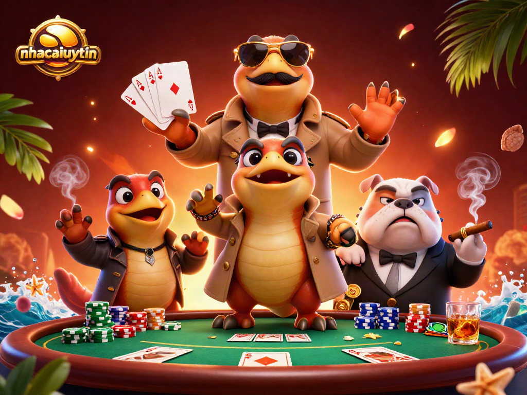 Engaging nhacaiuytin scene with cartoon raptors and casino elements showcasing poker excitement.