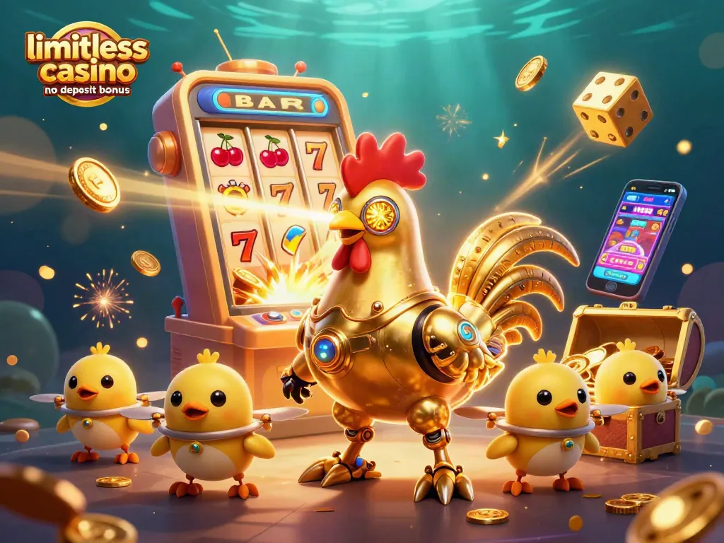 Experience limitless casino no deposit bonus with a golden rooster robot and exciting casino elements in 3D.