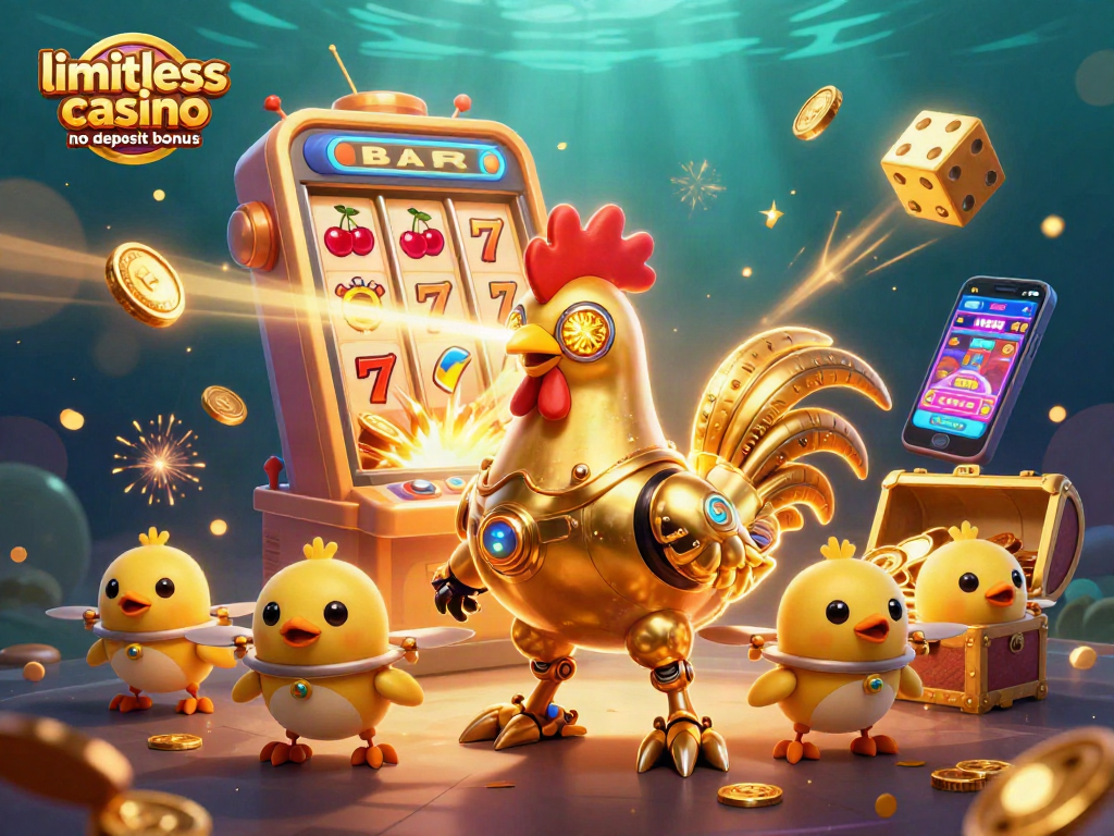 Experience limitless casino no deposit bonus with a golden rooster robot and exciting casino elements in 3D.