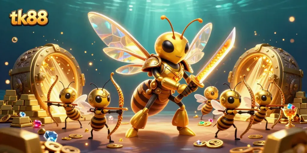 Win big with tk88 in this vibrant 3D casino scene featuring golden treasures and animated characters.