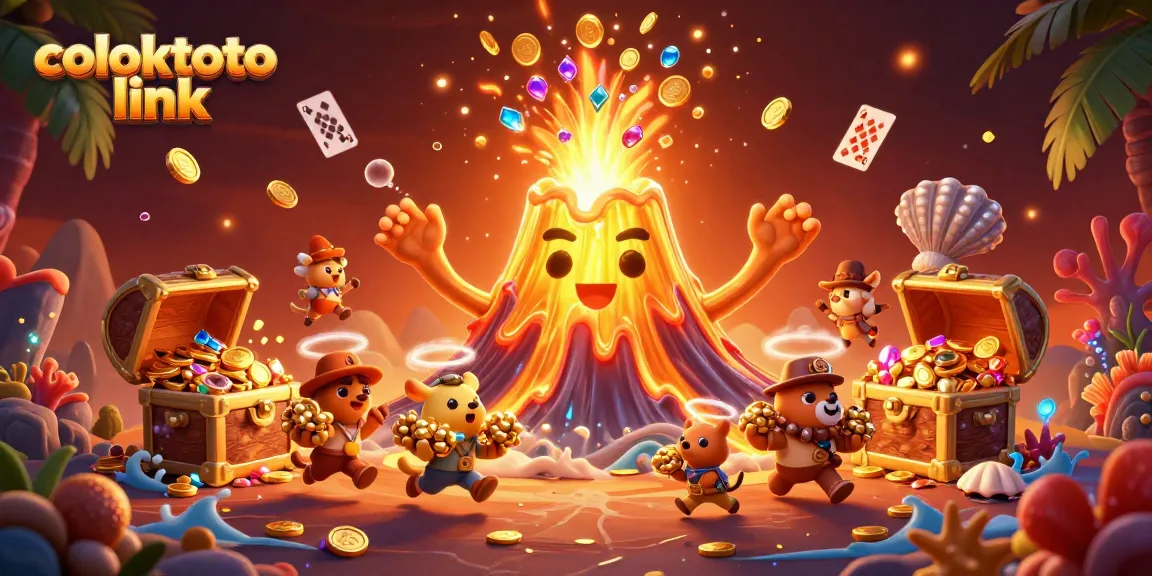 Engage with the thriving coloktoto link casino scene, showcasing a golden volcano erupting treasures and lively characters.