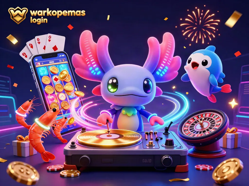 Melakukan login warkopemas dengan semarak, menampilkan DJ axolotl neon dan elemen kasino menarik
